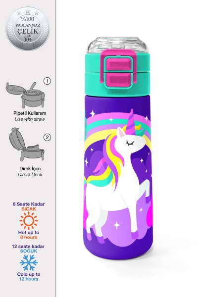 Coral High Kids Mor Su Yeşili Unicorn Desenli Pipetli ve Direkt İçim Çelik Termos 500 ml 31818 - 1