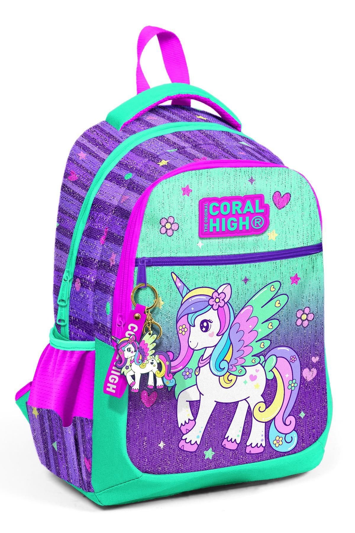 Coral High Kids Mor Su Yeşili Unicorn Desenli Üç Bölmeli Okul Sırt Çantası 23487