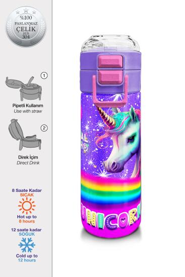 Coral High Kids Mor Unicorn Desenli Pipetli ve Direkt İçim Çelik Termos 500 ml 31837 - Coral High KIDS