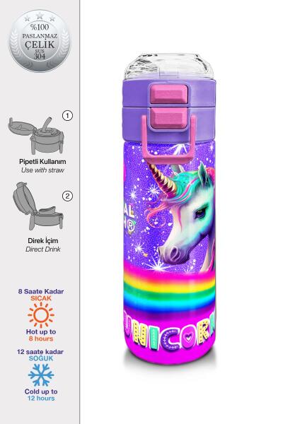 Coral High Kids Mor Unicorn Desenli Pipetli ve Direkt İçim Çelik Termos 500 ml 31837 - 1