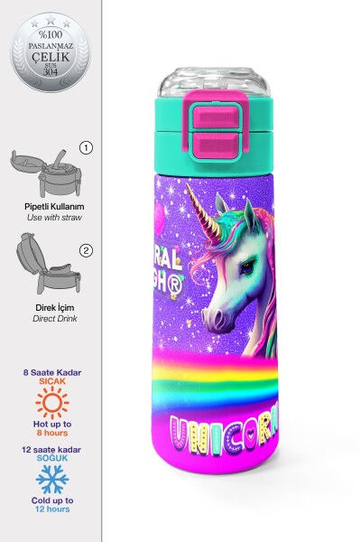 Coral High Kids Mor Unicorn Desenli Pipetli ve Direkt İçim Çelik Termos 500 ml 31837 - 1