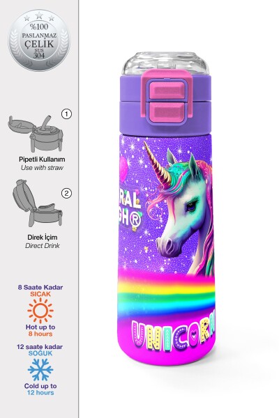 Coral High Kids Mor Unicorn Desenli Pipetli ve Direkt İçim Çelik Termos 500 ml 31837 - 1