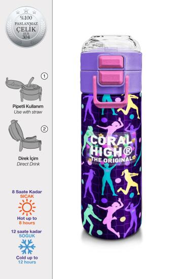 Coral High Kids Mor Voleybol Desenli Pipetli ve Direkt İçim Çelik Termos 500 ml 31849 - Coral High KIDS