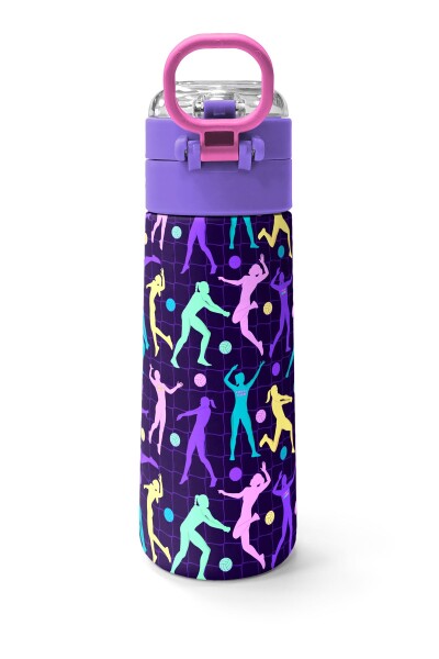 Coral High Kids Mor Voleybol Desenli Pipetli ve Direkt İçim Çelik Termos 500 ml 31849 - 4