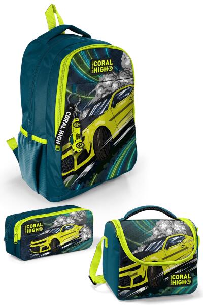 Coral High Kids Nefti Fosforlu Sarı Araba Desenli 3’lü Okul Çanta Seti SET0114406 - 1