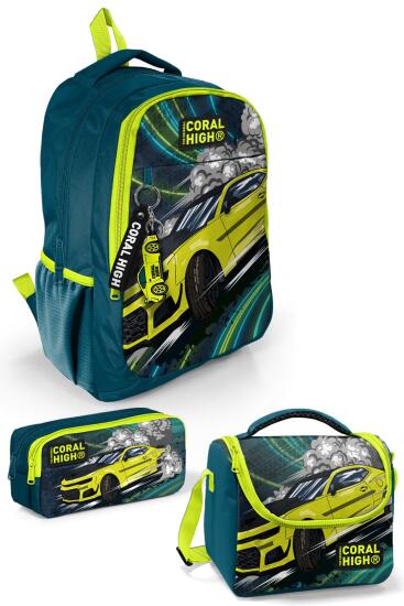 Coral High Kids Nefti Fosforlu Sarı Araba Desenli 3’lü Okul Çanta Seti SET0114406 - 1