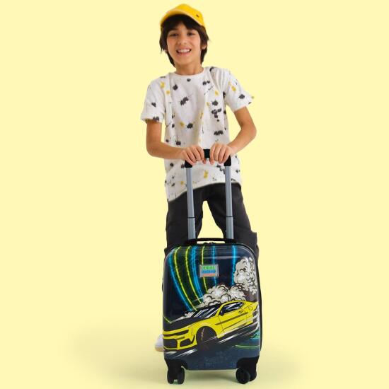 Coral High Kids Nefti Fosforlu Sarı Araba Desenli Çocuk Valizi 16756 - 4
