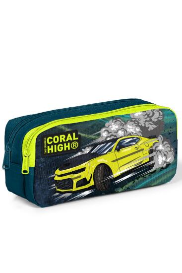 Coral High Kids Nefti Fosforlu Sarı Araba Desenli İki Bölmeli Kalem Çantası 12067 