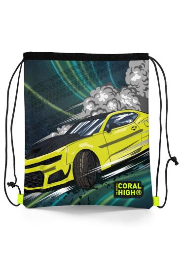 Coral High Kids Nefti Fosforlu Sarı Araba Desenli İpli Büzgülü Sırt Çantası 22480 - Coral High KIDS