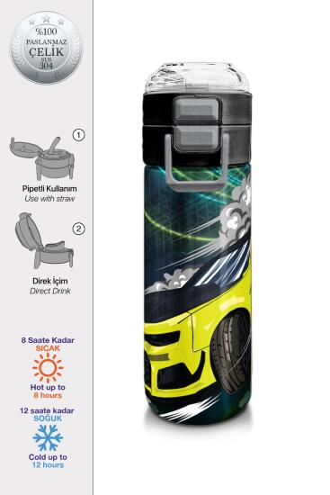 Coral High Kids Nefti Fosforlu Sarı Araba Desenli Pipetli ve Direkt İçim Çelik Termos 500 ml 31834 - Coral High KIDS