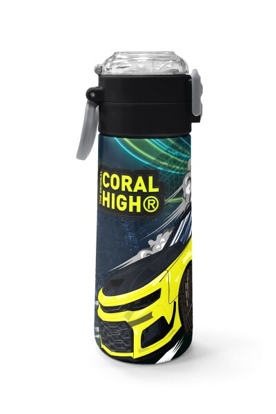 Coral High Kids Nefti Fosforlu Sarı Araba Desenli Pipetli ve Direkt İçim Çelik Termos 500 ml 31834 - 2