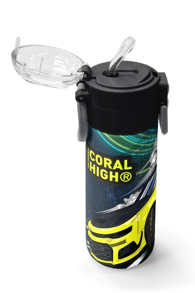 Coral High Kids Nefti Fosforlu Sarı Araba Desenli Pipetli ve Direkt İçim Çelik Termos 500 ml 31834 - 5