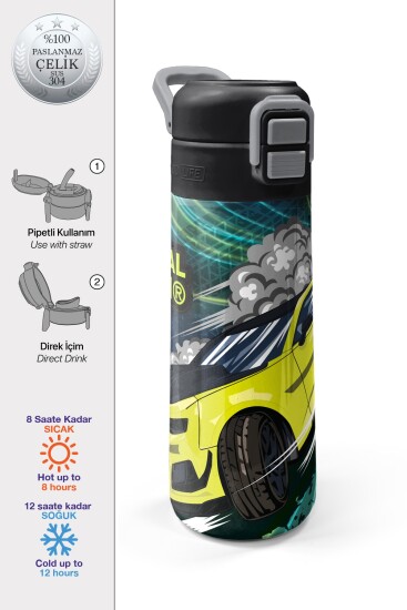 Coral High Kids Nefti Fosforlu Sarı Araba Desenli Pipetli ve Direkt İçim Çelik Termos 500 ml 31834 