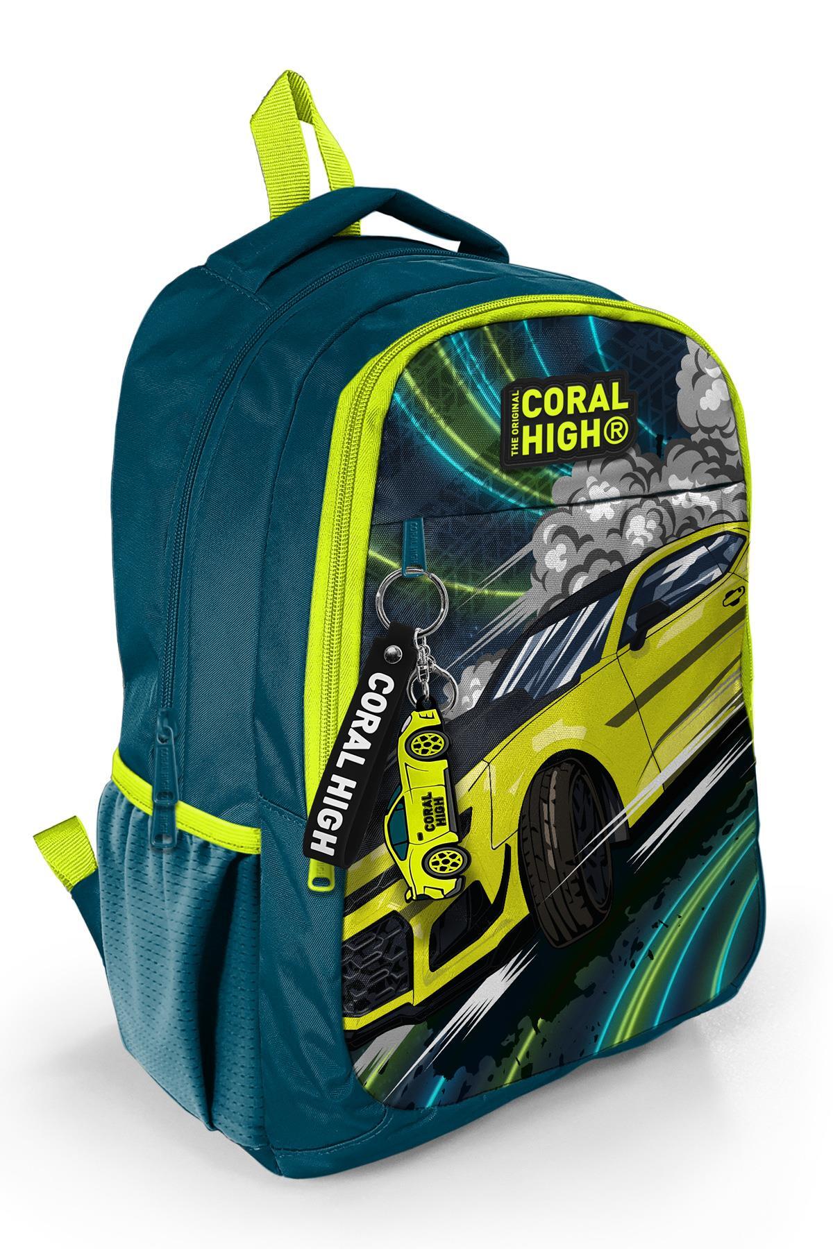 Coral High Kids Nefti Fosforlu Sarı Araba Desenli Üç Bölmeli Okul Sırt Çantası 14406