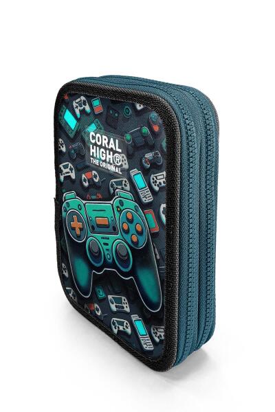 Coral High Kids Nefti Gamer Desenli Çift Katlı Kalem Çanta 11155 - 2
