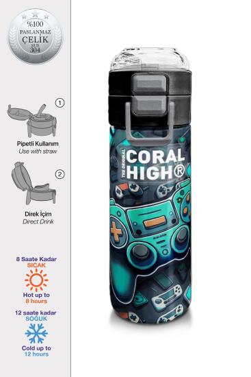 Coral High Kids Nefti Gamer Desenli Pipetli ve Direkt İçim Çelik Termos 500 ml 31861 - Coral High KIDS