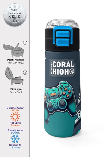 Coral High Kids Nefti Gamer Desenli Pipetli ve Direkt İçim Çelik Termos 500 ml 31861 - Coral High KIDS