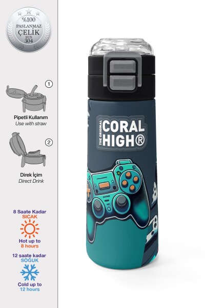 Coral High Kids Nefti Gamer Desenli Pipetli ve Direkt İçim Çelik Termos 500 ml 31861 - 1
