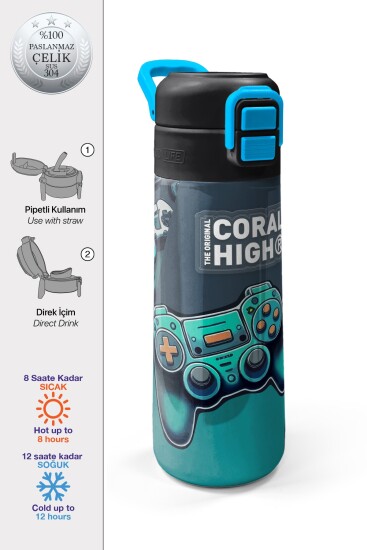 Coral High Kids Nefti Gamer Desenli Pipetli ve Direkt İçim Çelik Termos 500 ml 31861 