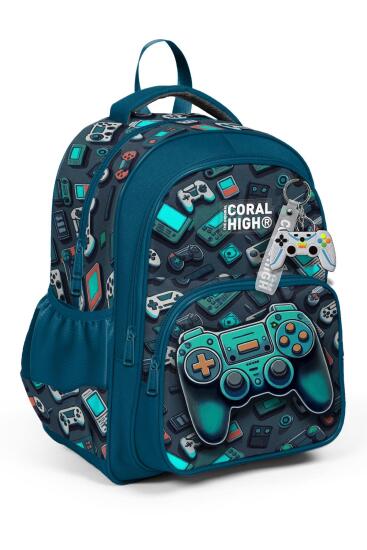 Coral High Kids Nefti Gamer Desenli Üç Bölmeli Okul Sırt Çantası 14423 - Coral High