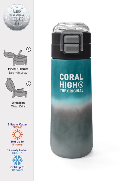 Coral High Kids Nefti Gri Renk Geçişli Desenli Pipetli ve Direkt İçim Çelik Termos 500 ml 31969 - 1