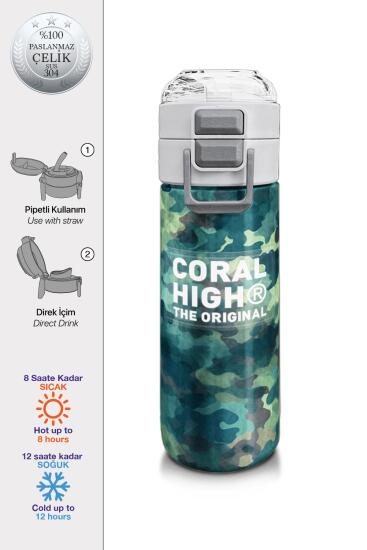 Coral High Kids Nefti Kamuflaj Desenli Pipetli ve Direkt İçim Çelik Termos 500 ml 31845 - Coral High KIDS