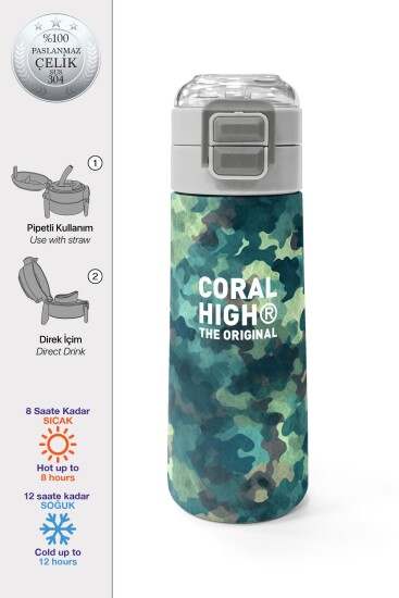 Coral High Kids Nefti Kamuflaj Desenli Pipetli ve Direkt İçim Çelik Termos 500 ml 31845 