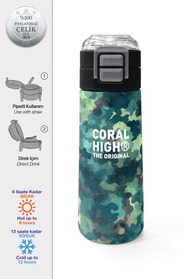 Coral High Kids Nefti Kamuflaj Desenli Pipetli ve Direkt İçim Çelik Termos 500 ml 31845 