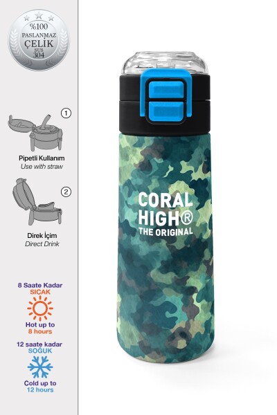 Coral High Kids Nefti Kamuflaj Desenli Pipetli ve Direkt İçim Çelik Termos 500 ml 31845 - 1