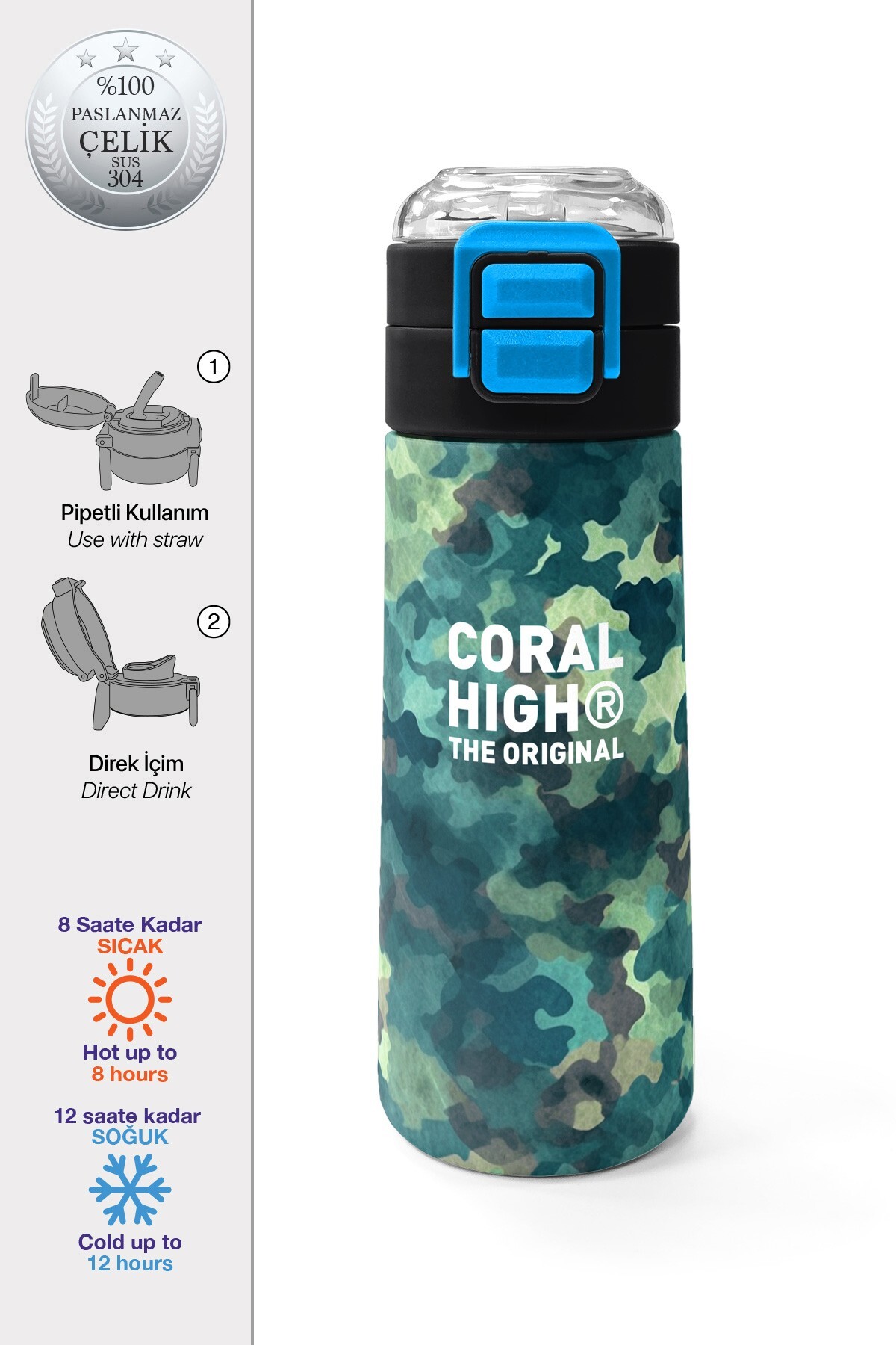Coral High Kids Nefti Kamuflaj Desenli Pipetli ve Direkt İçim Çelik Termos 500 ml 31845