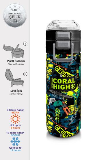 Coral High Kids Nefti Siyah Tamir Seti Desenli Pipetli ve Direkt İçim Çelik Termos 500 ml 31974 - Coral High KIDS