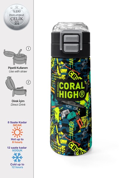 Coral High Kids Nefti Siyah Tamir Seti Desenli Pipetli ve Direkt İçim Çelik Termos 500 ml 31974 - 1