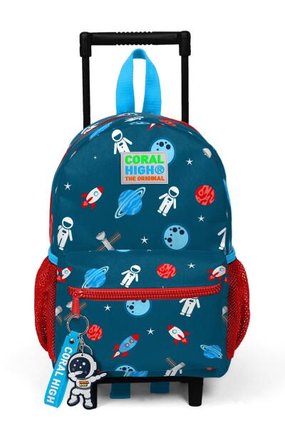 Minik Yuva Çekçekli Sırt Çantası Çivit Kırmızı Uzay Desenli İki Bölmeli 24015 - 3