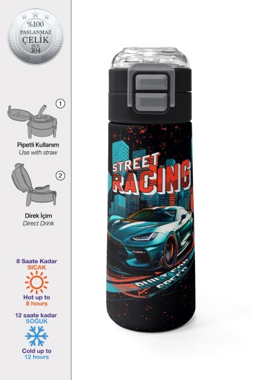 Coral High Kids Nefti Yarış Arabası Desenli Pipetli ve Direkt İçim Çelik Termos 500 ml 31966 