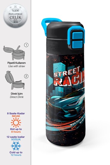 Coral High Kids Nefti Yarış Arabası Desenli Pipetli ve Direkt İçim Çelik Termos 500 ml 31966 