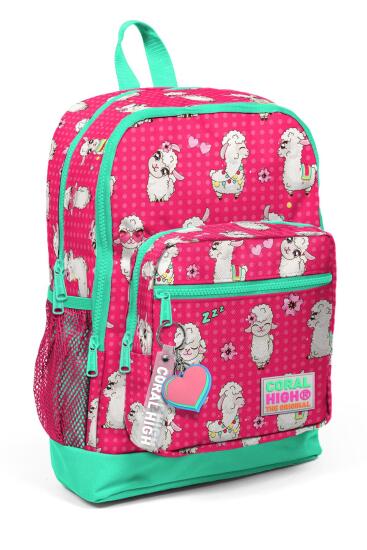 Coral High Kids Neon Mercan Su Yeşili Alpaka Desenli Dört Bölmeli Okul Sırt Çantası 23466 