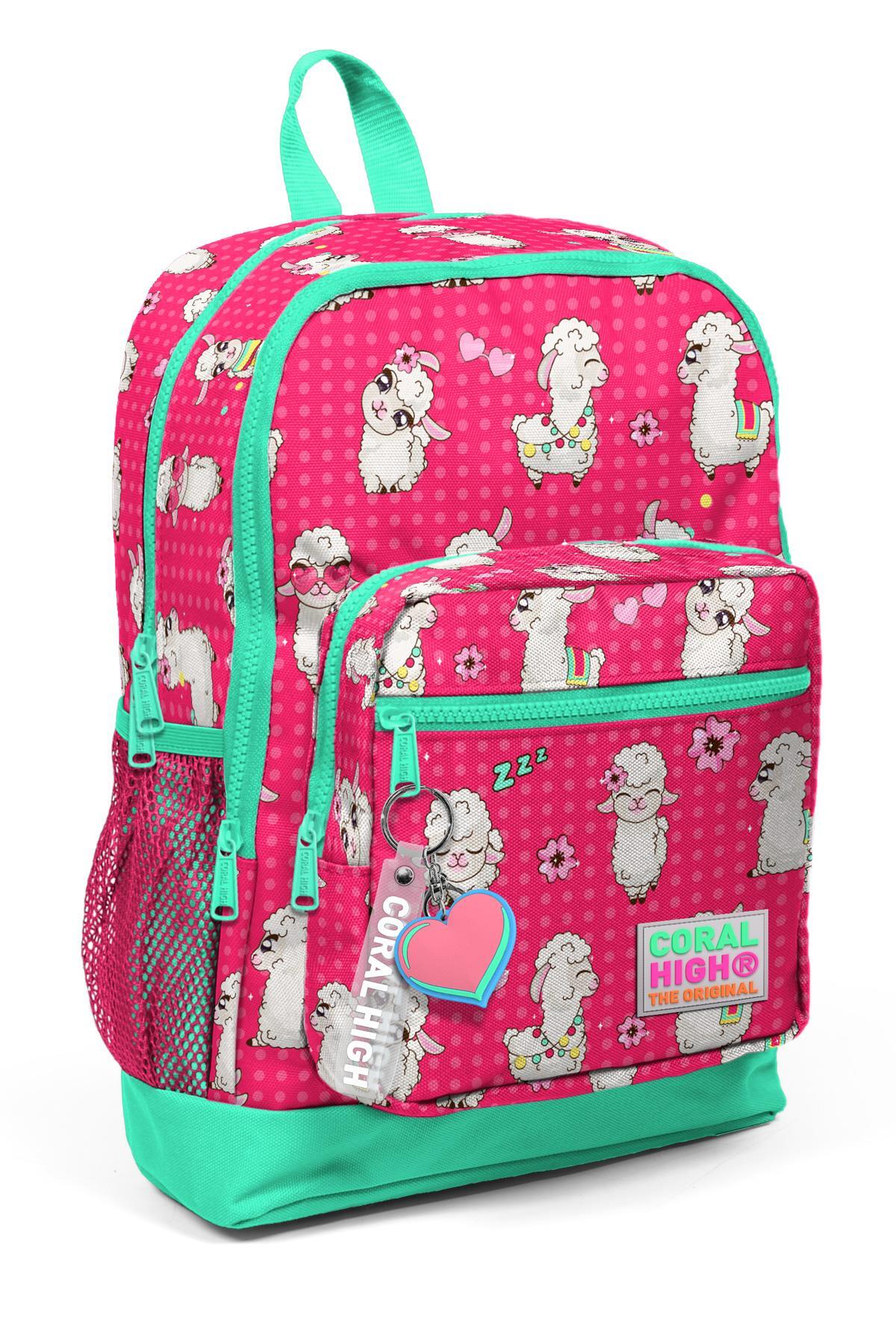 Coral High Kids Neon Mercan Su Yeşili Alpaka Desenli Dört Bölmeli Okul Sırt Çantası 23466