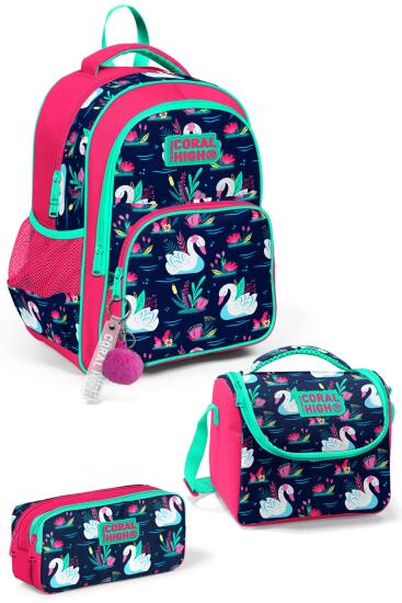 Coral High Kids Neon Mercan Lacivert Kuğu Desenli 3'lü Okul Çanta Seti SET0123402 - Coral High KIDS