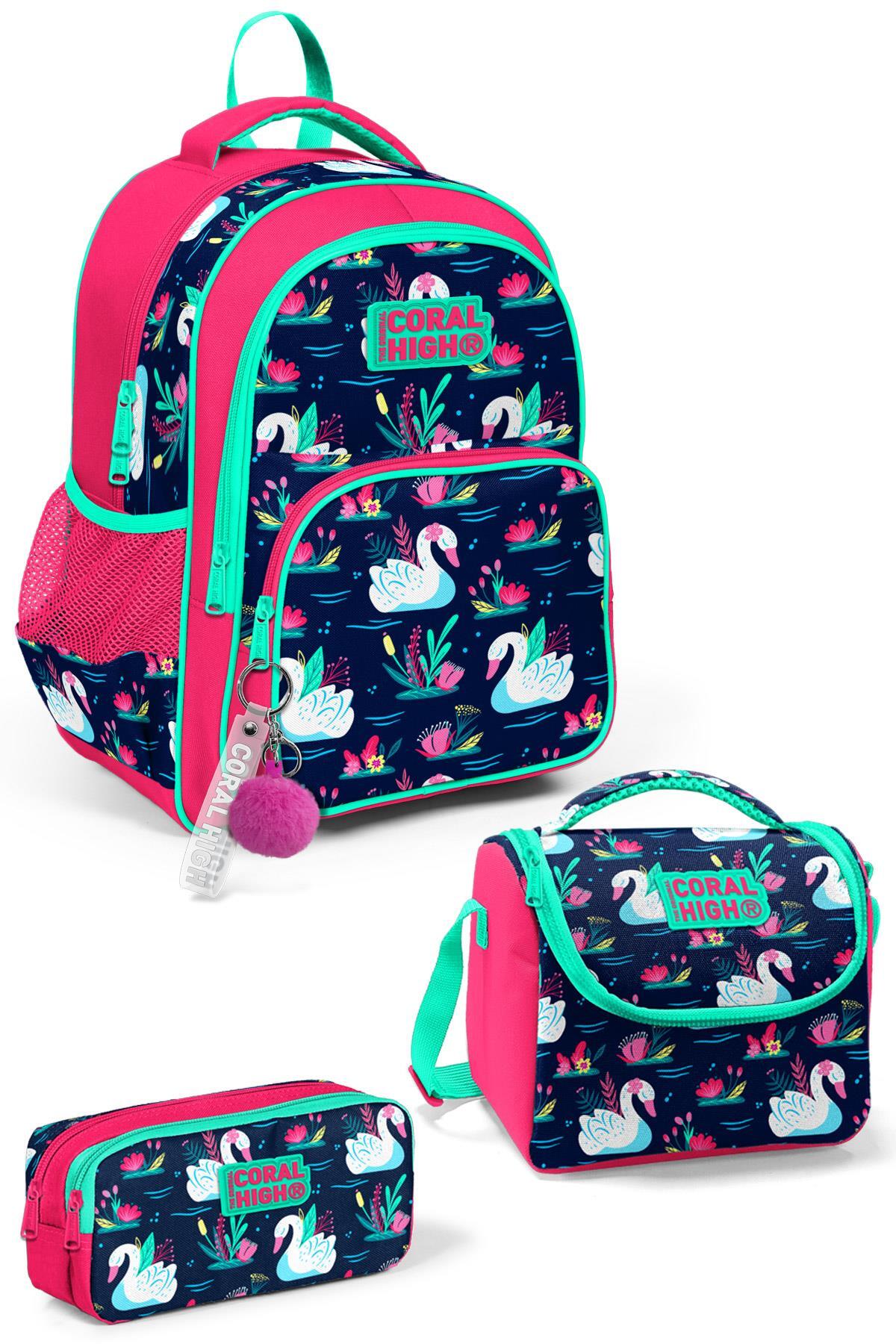 Coral High Kids Neon Mercan Lacivert Kuğu Desenli 3'lü Okul Çanta Seti SET0123402