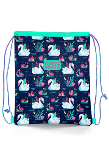 Coral High Kids Neon Mercan Lacivert Kuğu Desenli İpli Büzgülü Sırt Çantası 22678 