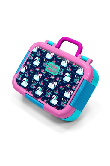 Coral High Kids Neon Mercan Lacivert Kuğu Desenli Paslanmaz Çelik Beslenme Kabı 39304 