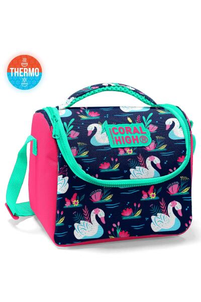 Coral High Kids Neon Mercan Lacivert Kuğu Desenli Thermo Beslenme Çantası 11819 - 1