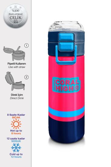 Coral High Kids Neon Mercan Lacivert Pipetli ve Direkt İçim Çelik Termos 500 ml 31823 - Coral High KIDS