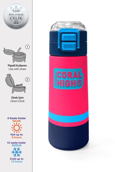 Coral High Kids Neon Mercan Lacivert Pipetli ve Direkt İçim Çelik Termos 500 ml 31823 