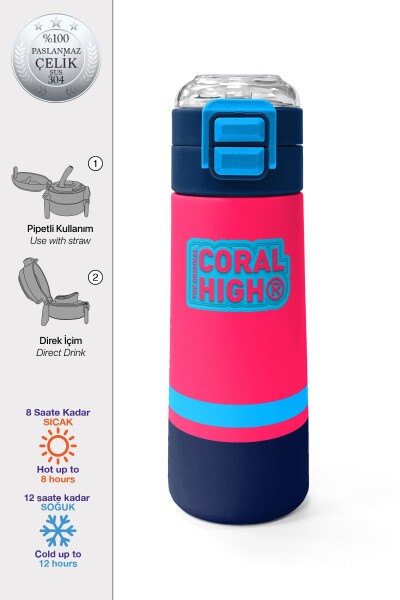 Coral High Kids Neon Mercan Lacivert Pipetli ve Direkt İçim Çelik Termos 500 ml 31823 - 1