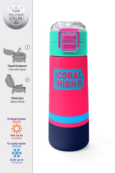 Coral High Kids Neon Mercan Lacivert Pipetli ve Direkt İçim Çelik Termos 500 ml 31823 - 1