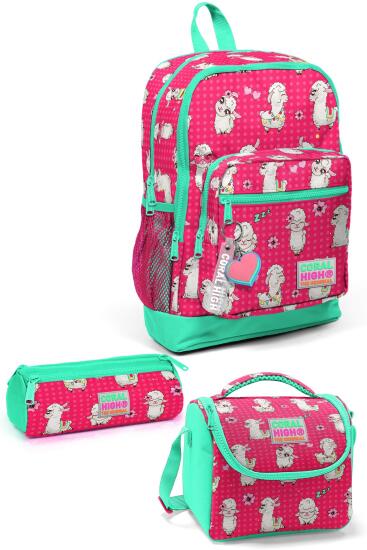 Coral High Kids Neon Mercan Su Yeşili Alpaka Desenli 3’lü Okul Çanta Seti SET0123466 