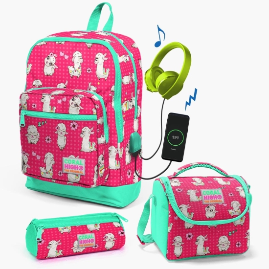 Coral High Kids Neon Mercan Su Yeşili Alpaka Desenli USB'li 3’lü Okul Çanta Seti SET0123268 - 1