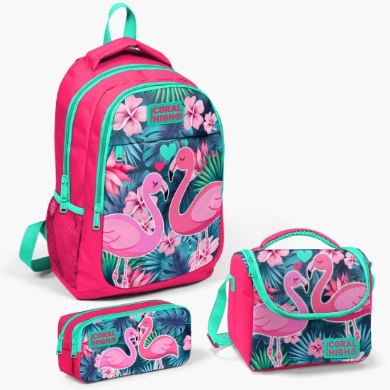 Coral High Kids Neon Mercan Su Yeşili Flamingo Desenli 3’lü Okul Çanta Seti SET0114377 - 1