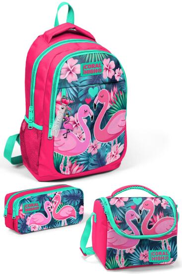 Coral High Kids Neon Mercan Su Yeşili Flamingo Desenli 3’lü Okul Çanta Seti SET0114377 - Coral High KIDS